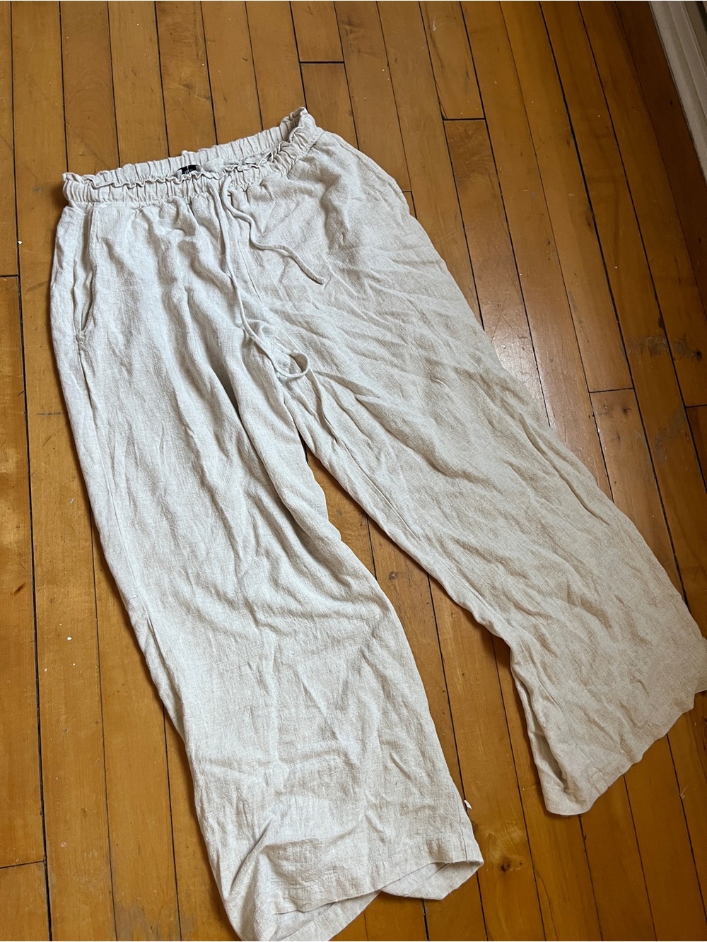 Women's Light Beige Linen-Blend Drawstring Pants